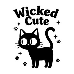 Illustration of a black cat with the words wicked cute paw prints and stars in black and white design