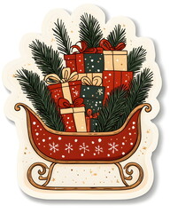 A festive sleigh sticker filled with gifts and pine branches in a playful whimsical style. Soft red and beige tones, flat colors, clean outline, bold lines, and a white border for a cozy Christmas.