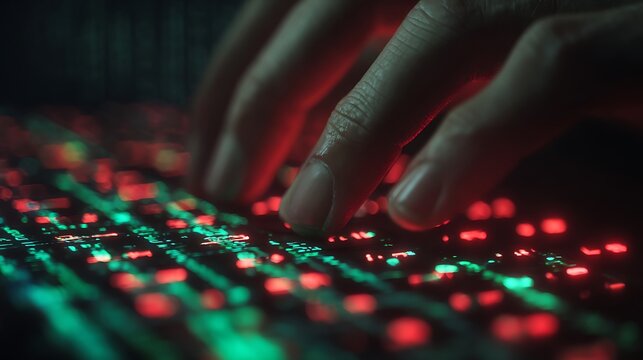 Closeup of hands typing on a glowing keyboard with red and green lights, representing technology and coding