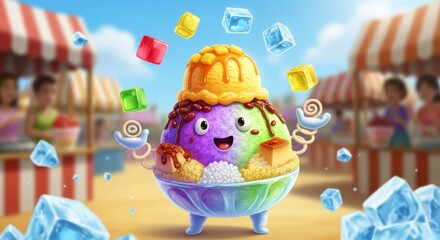 Whimsical Cartoon Dessert: Colorful Shaved Ice Character with Floating Ice Cubes