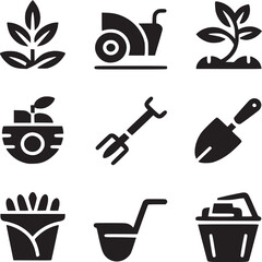 A collection of nine gardening icons featuring plants tools and containers in a black and white theme