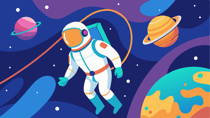 Naklejka premium A colorful depiction of an astronaut performing a spacewalk outside a spacecraft set against a backdrop of celestial bodies and the curvature of Earth.