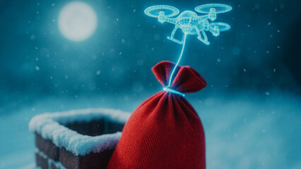 A drone carries a bag of gifts to the house roof in the cold winter night. A perfect fusion of technology and the holiday spirit creates an innovative way to deliver gifts.