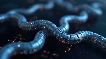 Abstract metallic chain links with glowing particles on dark background