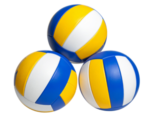Stack of New Blue, Yellow, and White Volleyballs, Front View, Isolated on Transparent Background 