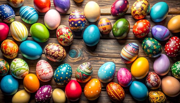 Colorful Easter eggs on rustic wooden surface