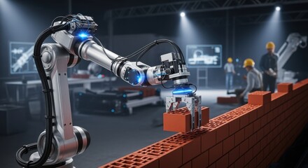 Hightech robotic arm with sensors positioning red bricks on a growing brick wall in a smart construction environment.