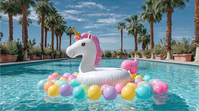 Inflatable unicorn float surrounded by colorful balloons in swimming pool with palm trees under blue sky