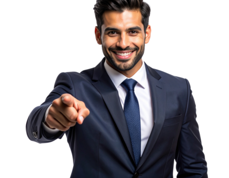  Smiling Businessman in Suit Pointing Forward, Front Portrait, Isolated on Transparent Background