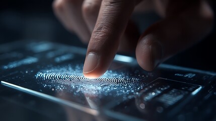 Closeup of a finger touching a digital screen, activating a glowing fingerprint scan for biometric security and identification