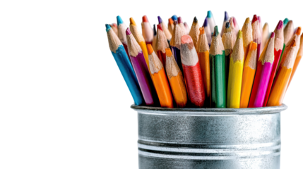 Set of Sharpened Pencils in Metal Cup on Transparent Background