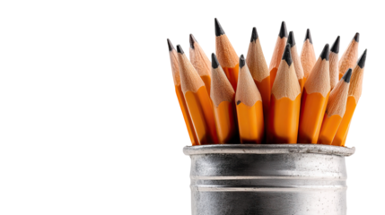 Set of Sharpened Pencils in Metal Cup on Transparent Background