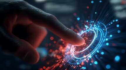 Finger touching a glowing digital interface with futuristic blue and red light particles, representing technology and innovation