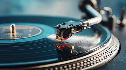 Close up view of vinyl record spinning on retro turntable with stylus needle playing music in detail