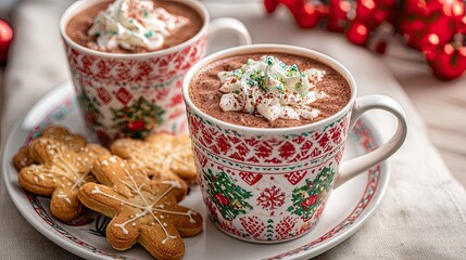 Christmas hot chocolate with whipped cream and festive sprinkles in holiday mugs with gingerbread cookies