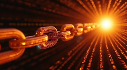 Abstract digital chain link with bright light and data streams