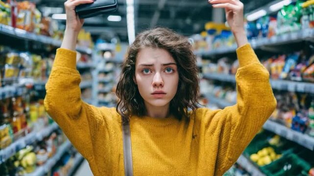 Financial Struggles in Supermarket: A worried individual raises an empty wallet in a supermarket aisle, illustrating financial challenges and the increasing cost of living