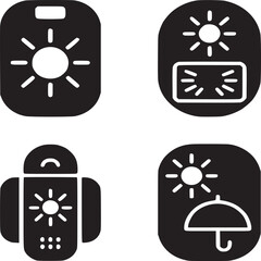 Four weather icon illustrations depicting sunny, hot, extreme heat, and rainy conditions in black and white