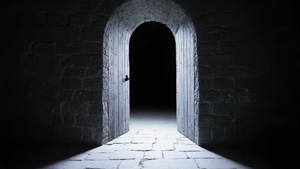 Mysterious door in dark stone chamber invites exploration