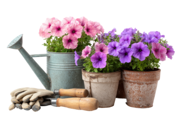 Pink and purple flowers in pots, gardening tools