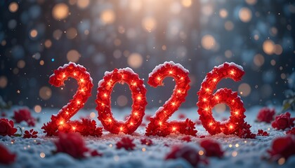 ""Red roses and fairy lights forming the text ‘Love 2026’, snowflakes glowing in background"
