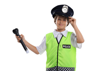 Choice of profession. Little boy in uniform with flashlight pretending to be policeman on white background