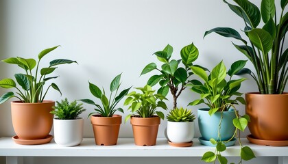 Obraz premium An arrangement of potted plants with different leaves on a shelf against a plain background.