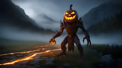 Naklejka premium Spooky jack o lantern monster lurking in a misty mountain landscape