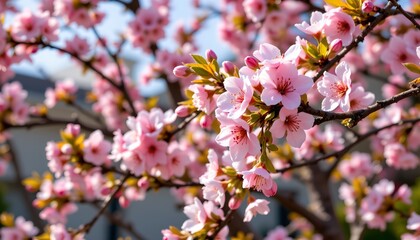 Fototapeta premium A vibrant cluster of cherry blossoms in full bloom against a clear blue sky background.