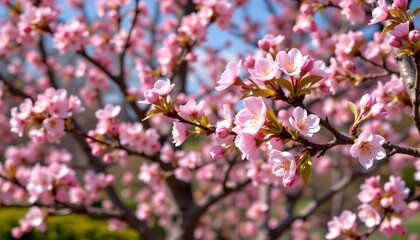 Fototapeta premium A tree adorned with clusters of pink flowers, set against a backdrop that features a clear blue sky and green foliage. The flowers are in full bloom, suggesting it may be springtime