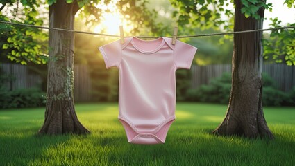  pink onesies mockup hanging on a clothesline in a backyard with green grass and trees, perfect for showcasing branding or product presentation ideas