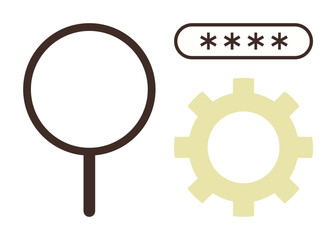 Magnifying glass, gear, and password entry field represent search, security, optimization, and technology. Ideal for SEO, cybersecurity, system settings user interface privacy and data analysis