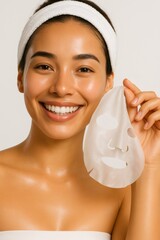 Smiling young woman holding hydrating sheet mask for healthy glowing skin, preparing for beauty skincare routine
