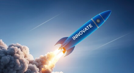 high quality digital art, detailed futuristic rocket launch with a bluesky background, cinematic lighting, intricate mechanical details, smooth metallic surfaces, billowing smoke and exhaust