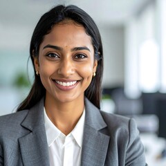 Smiling woman in professional business attire, posing for camera