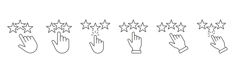 Hand Clicking Star Rating Line Icon Set. User Feedback And Review System Outline Symbol Collection. Customer Satisfaction. Isolated Vector Illustration
