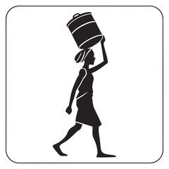 Silhouette of a woman carrying a large water container on her head while walking