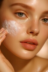 Woman applying skincare cleanser cleansing foam to healthy glowing skin, feeling freshness and beauty