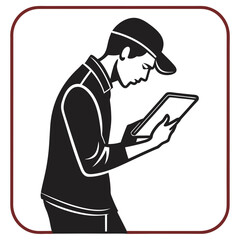 Stylized silhouette of a young man wearing a baseball cap and work clothes holding and looking at a tablet computer