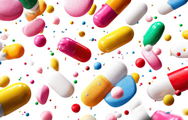 Colorful pills and capsules fill the image, flying in the air