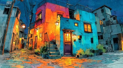 Fototapeta premium Colorful urban architecture, vibrant painted buildings illuminating a lively street at night, inviting atmosphere for exploration.