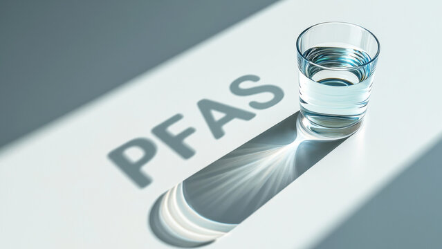 Glass of water casting PFAS shadow, contamination of drinking water, forever chemicals concern, environmental threat, invisible pollutants, toxic substances, water purity issue, filtration importance