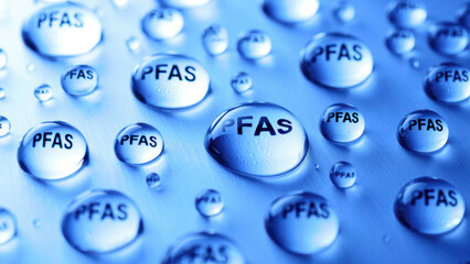PFAS water droplets on surface representing chemical contamination, toxic exposure, environmental pollution, industrial waste, and health risk from forever chemicals in water sources