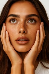 Woman with fresh clean skin, natural freckles, and brown eyes, hands framing face, promoting beauty and skincare