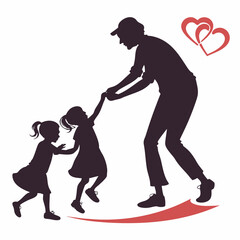 Father holding hands with two daughters dancing happily with hearts above them
