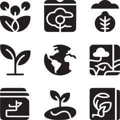 A collection of nine black and white icons related to nature and environmental conservation themes