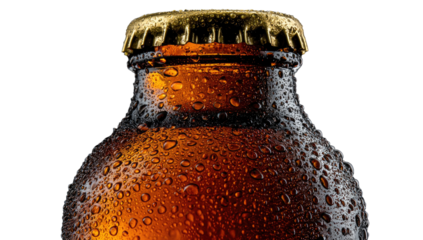 Close-up of a chilled beer bottle cap and neck, with condensation