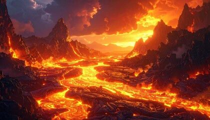Dramatic landscape scene showcasing an active volcano with flowing lava rivers and fiery skies above jagged mountain peaks.