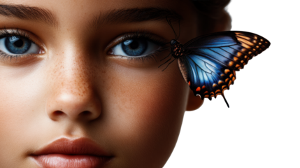 Butterfly on Face with Blue Eyes, Transparent Background