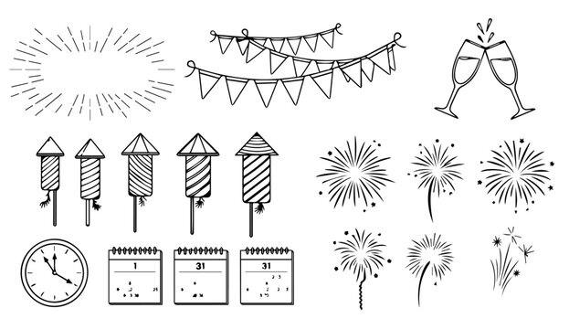 Exciting New Year's Eve elements for festive designs or invitations with fireworks, champagne, calendars, and party decorations in black and white